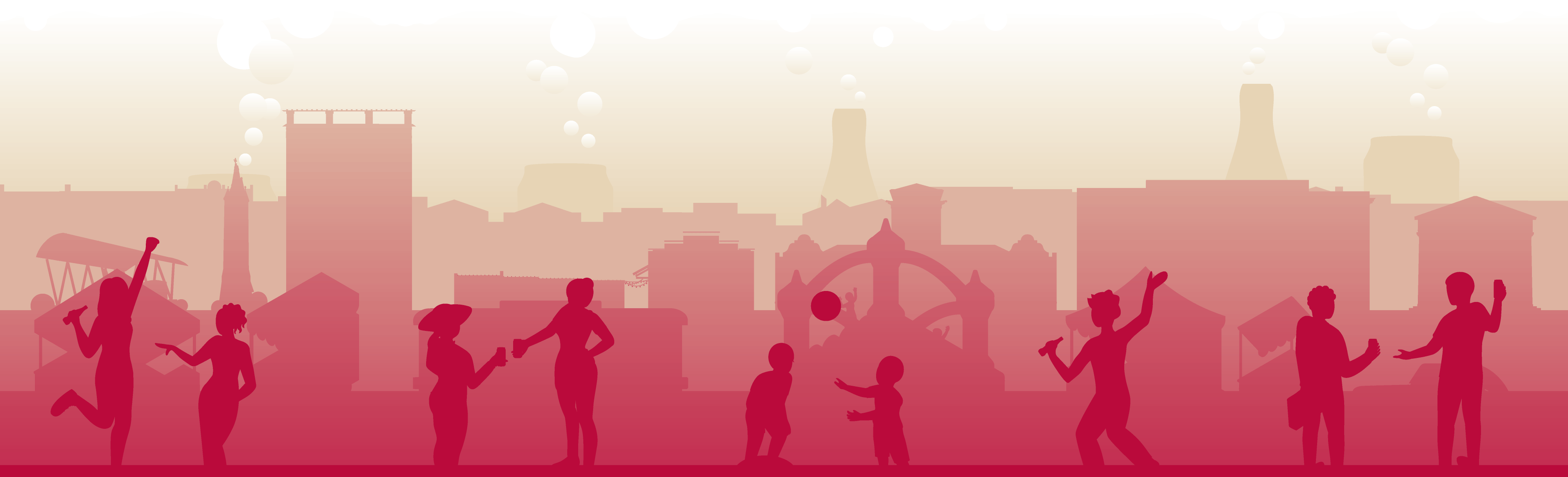 Silhouettes of people celebrating and holding Cheerwine with cityscape in background